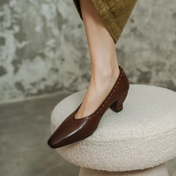 Spring single shoes, square toe, chunky heel, high heel, low mouth, fashion cowhide women's shoes, 3-14L