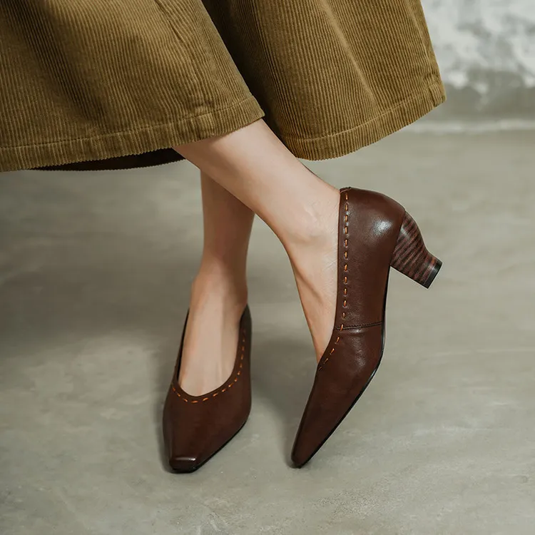 Spring single shoes, square toe, chunky heel, high heel, low mouth, fashion cowhide women's shoes, 3-14L