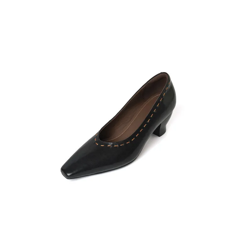 Spring single shoes, square toe, chunky heel, high heel, low mouth, fashion cowhide women's shoes, 3-14L