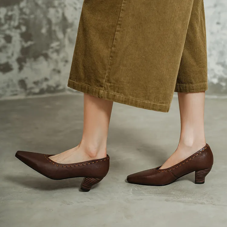 Spring single shoes, square toe, chunky heel, high heel, low mouth, fashion cowhide women's shoes, 3-14L