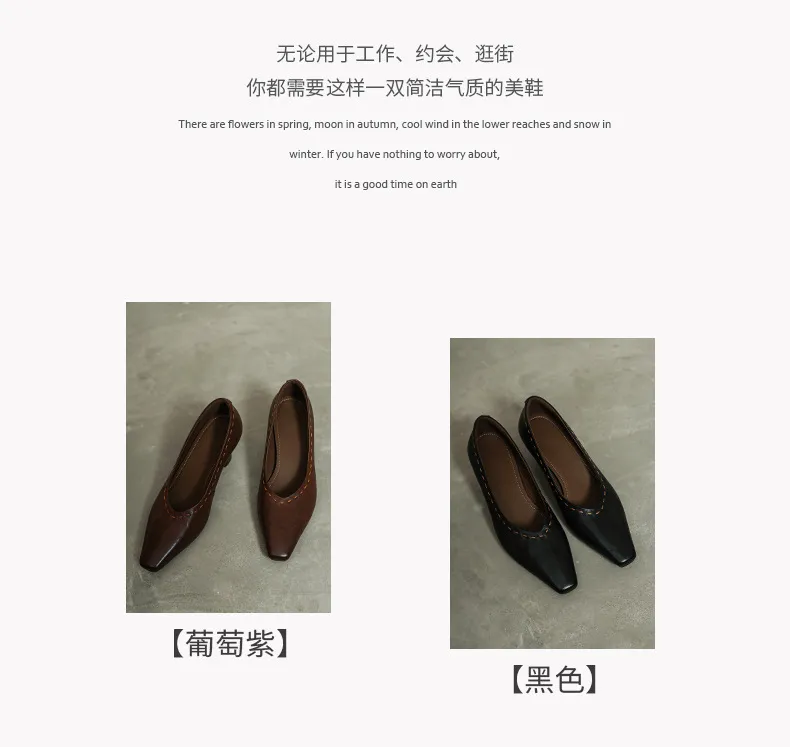 Spring single shoes, square toe, chunky heel, high heel, low mouth, fashion cowhide women's shoes, 3-14L
