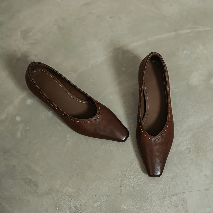 Spring single shoes, square toe, chunky heel, high heel, low mouth, fashion cowhide women's shoes, 3-14L