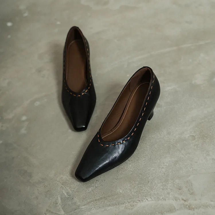 Spring single shoes, square toe, chunky heel, high heel, low mouth, fashion cowhide women's shoes, 3-14L