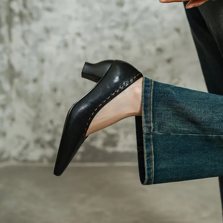 Spring single shoes, square toe, chunky heel, high heel, low mouth, fashion cowhide women's shoes, 3-14L