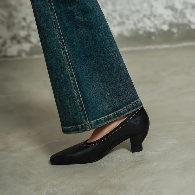 Spring single shoes, square toe, chunky heel, high heel, low mouth, fashion cowhide women's shoes, 3-14L