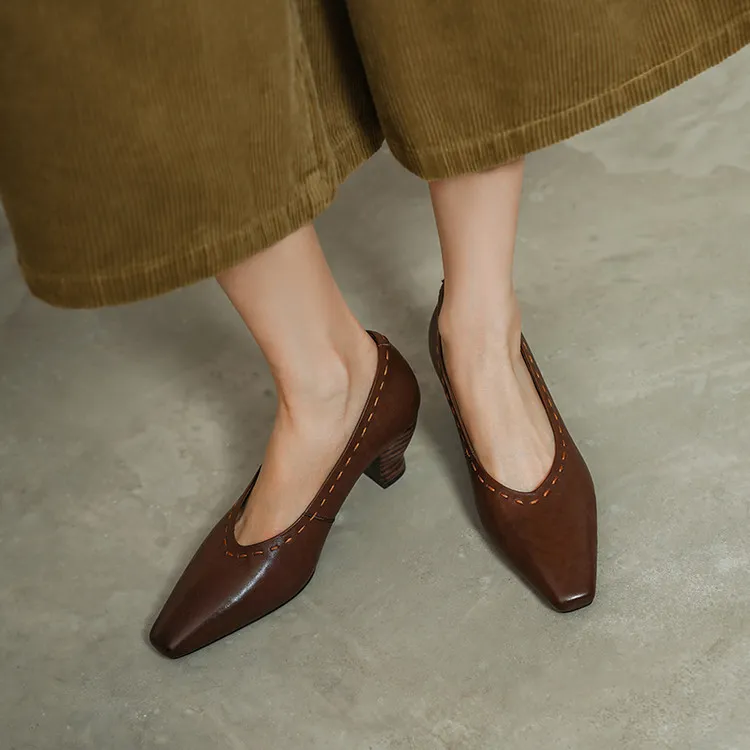 Spring single shoes, square toe, chunky heel, high heel, low mouth, fashion cowhide women's shoes, 3-14L