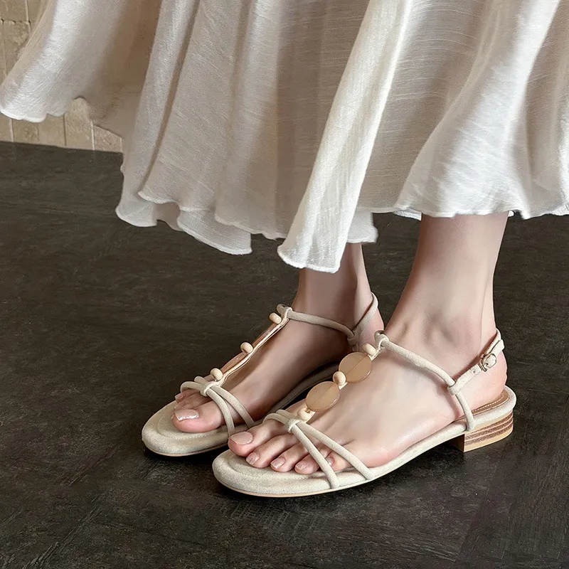Summer sandals, round toe, chunky heel, low heel, buckle, fashion women's shoes, 3-19o