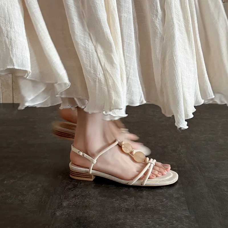 Summer sandals, round toe, chunky heel, low heel, buckle, fashion women's shoes, 3-19o