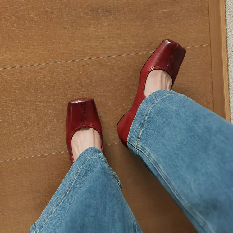 Spring women's shoes, square toe, high heel, wedge heel, buckle, cowhide leather, sizes 3-17L