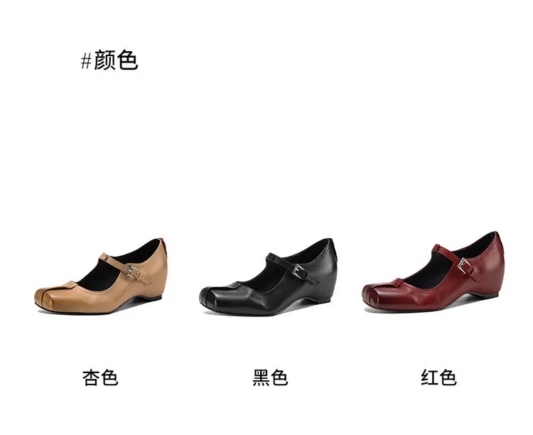 Spring women's shoes, square toe, high heel, wedge heel, buckle, cowhide leather, sizes 3-17L