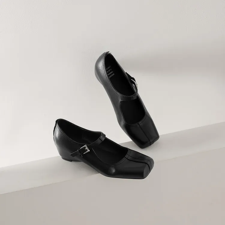 Spring women's shoes, square toe, high heel, wedge heel, buckle, cowhide leather, sizes 3-17L