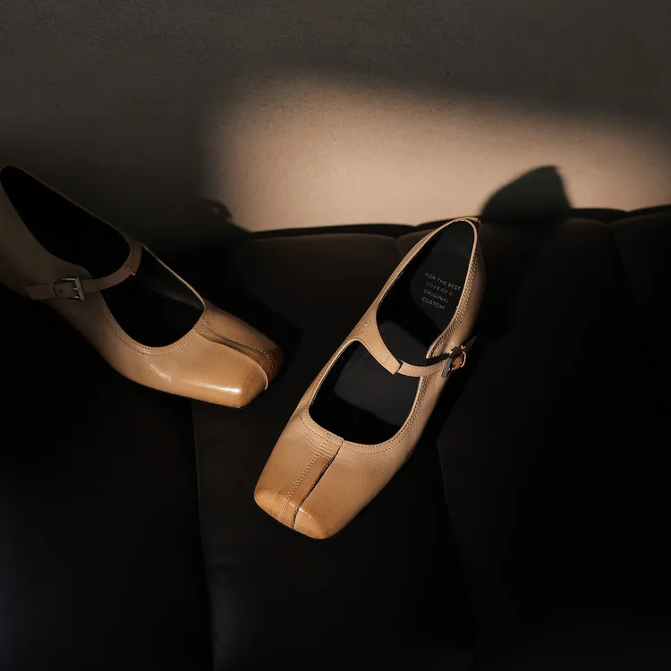 Spring women's shoes, square toe, high heel, wedge heel, buckle, cowhide leather, sizes 3-17L