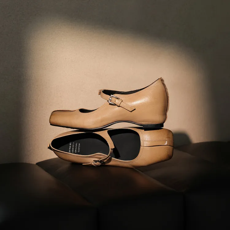 Spring women's shoes, square toe, high heel, wedge heel, buckle, cowhide leather, sizes 3-17L