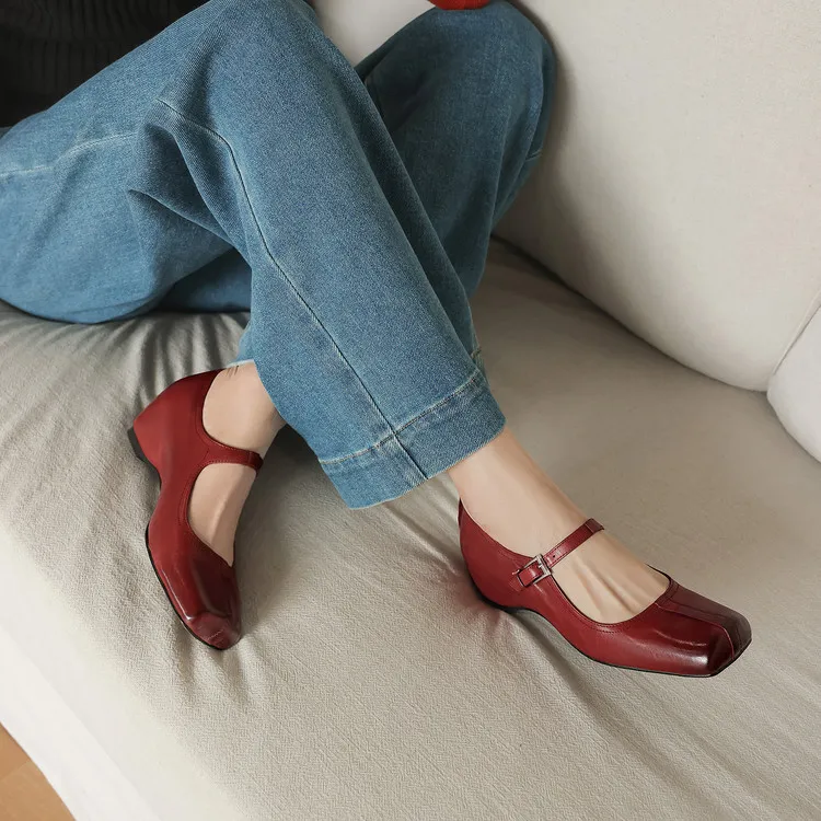 Spring women's shoes, square toe, high heel, wedge heel, buckle, cowhide leather, sizes 3-17L