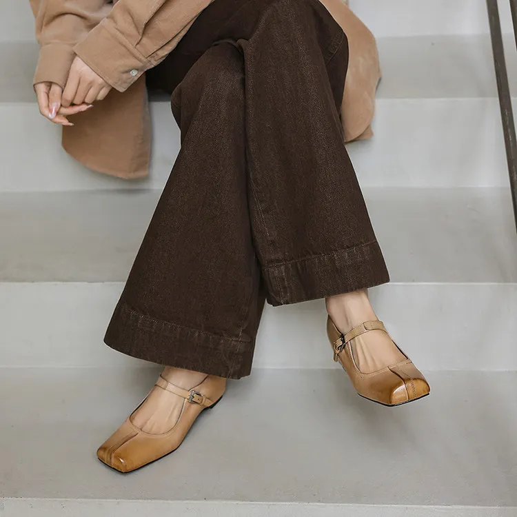 Spring women's shoes, square toe, high heel, wedge heel, buckle, cowhide leather, sizes 3-17L