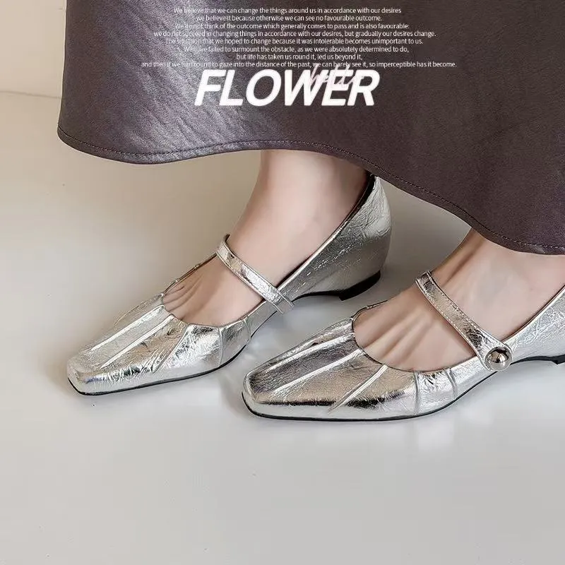 Spring single-shoe square-toe heeled sheepskin fashion women's shoes 3-17y