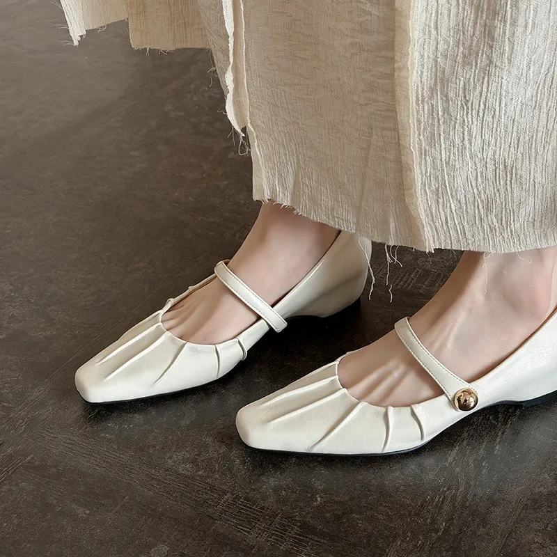 Spring single-shoe square-toe heeled sheepskin fashion women's shoes 3-17y