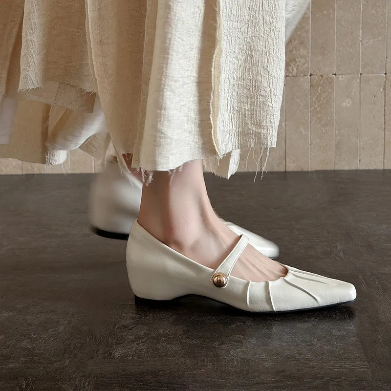 Spring single-shoe square-toe heeled sheepskin fashion women's shoes 3-17y