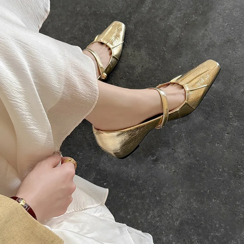 Spring single-shoe square-toe heeled sheepskin fashion women's shoes 3-17y