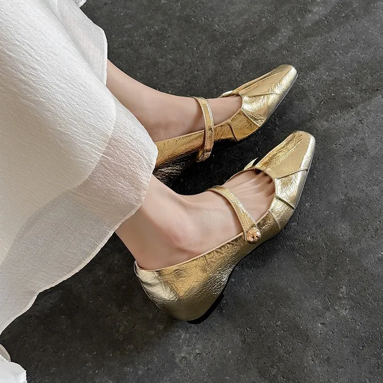 Spring single-shoe square-toe heeled sheepskin fashion women's shoes 3-17y