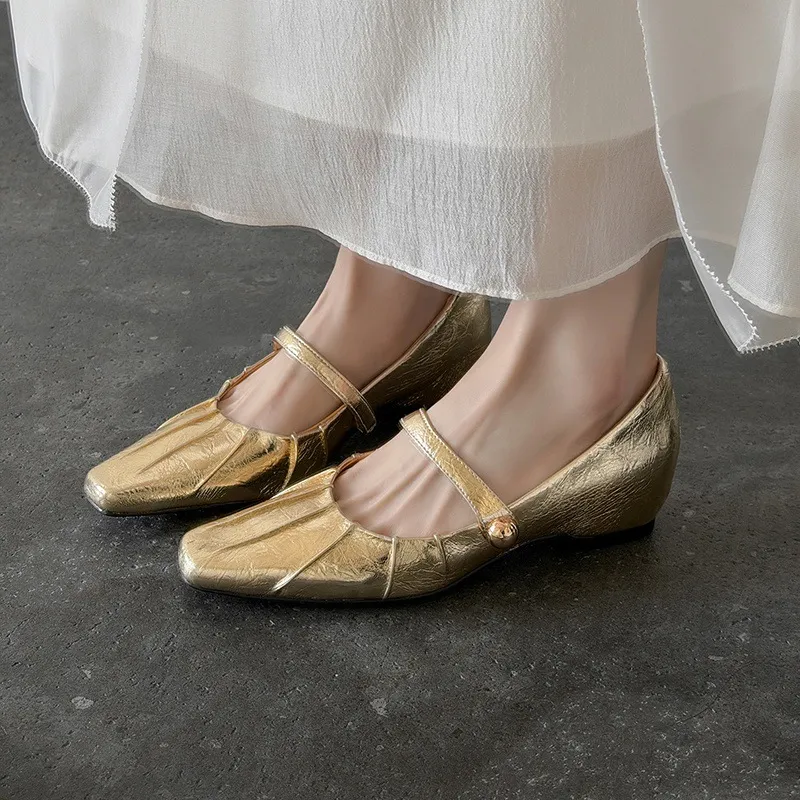 Spring single-shoe square-toe heeled sheepskin fashion women's shoes 3-17y