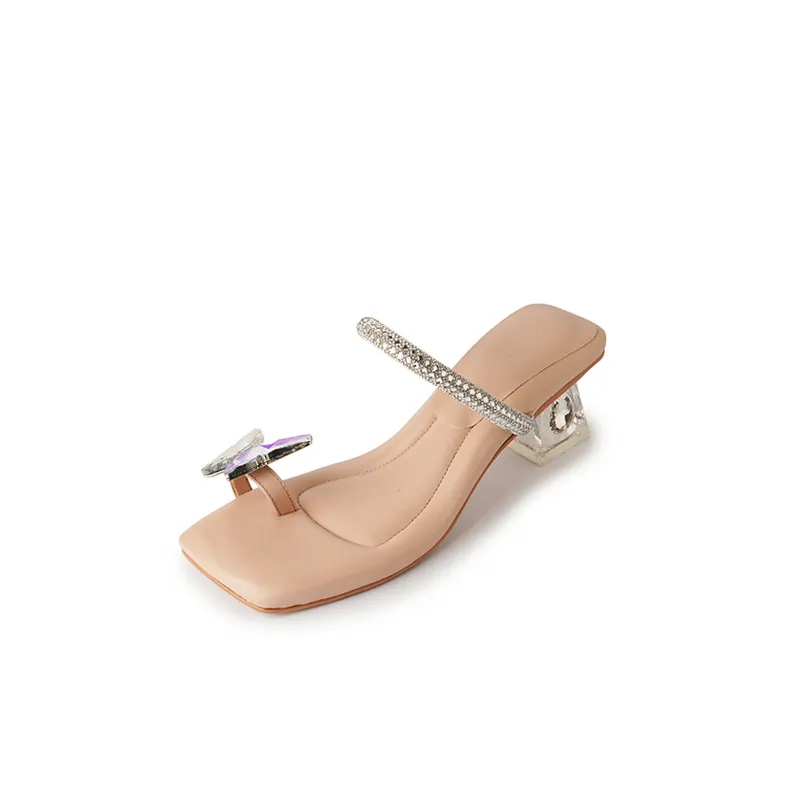 Summer Women's Square Toe Butterfly Rhinestone Thong Strappy Crystal Heel Sandals 3-19s