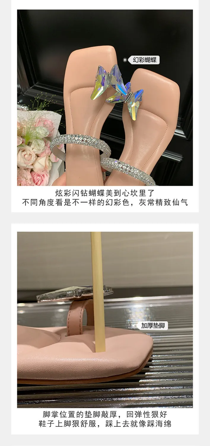 Summer Women's Square Toe Butterfly Rhinestone Thong Strappy Crystal Heel Sandals 3-19s