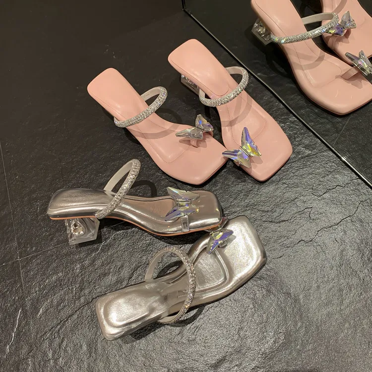 Summer Women's Square Toe Butterfly Rhinestone Thong Strappy Crystal Heel Sandals 3-19s