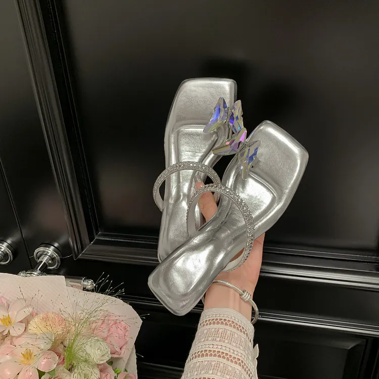 Summer Women's Square Toe Butterfly Rhinestone Thong Strappy Crystal Heel Sandals 3-19s