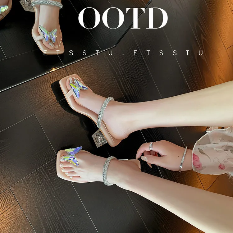 Summer Women's Square Toe Butterfly Rhinestone Thong Strappy Crystal Heel Sandals 3-19s