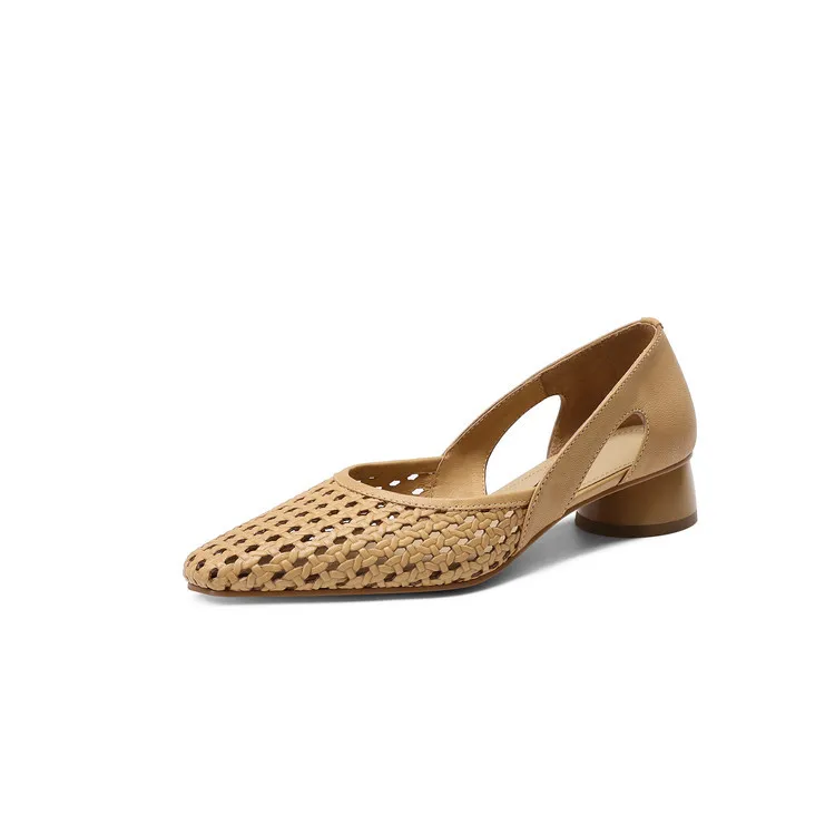 Summer single shoes, square toe, chunky heel, high heel, hollow-out fashion women's shoes, 3-19g