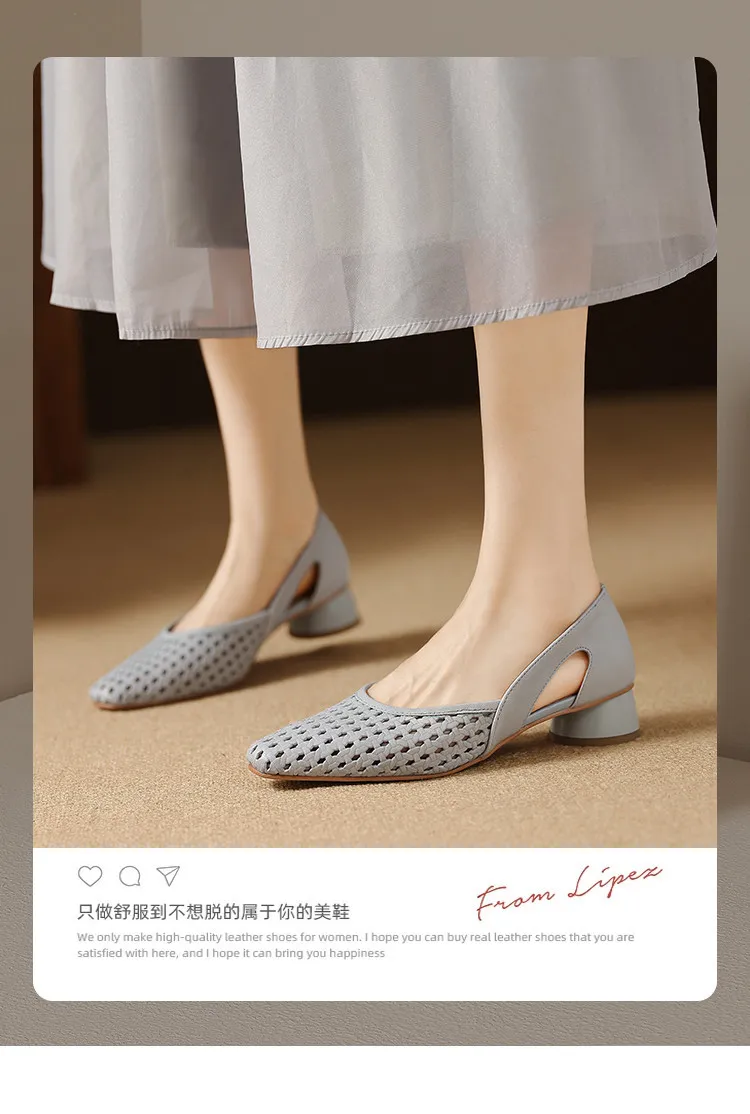 Summer single shoes, square toe, chunky heel, high heel, hollow-out fashion women's shoes, 3-19g