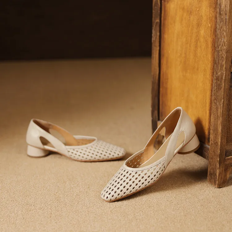 Summer single shoes, square toe, chunky heel, high heel, hollow-out fashion women's shoes, 3-19g