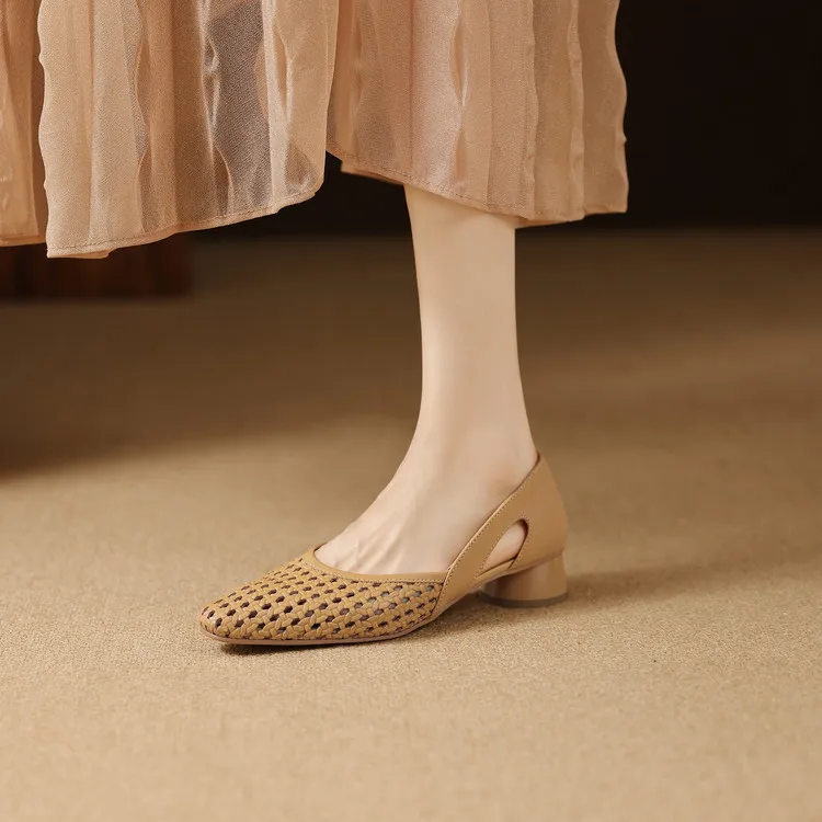 Summer single shoes, square toe, chunky heel, high heel, hollow-out fashion women's shoes, 3-19g