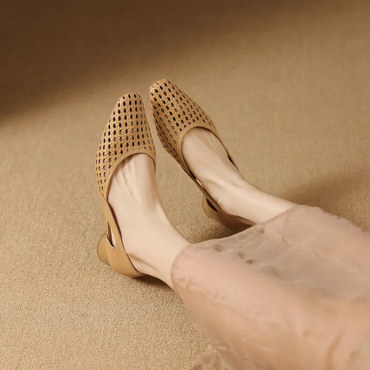 Summer single shoes, square toe, chunky heel, high heel, hollow-out fashion women's shoes, 3-19g