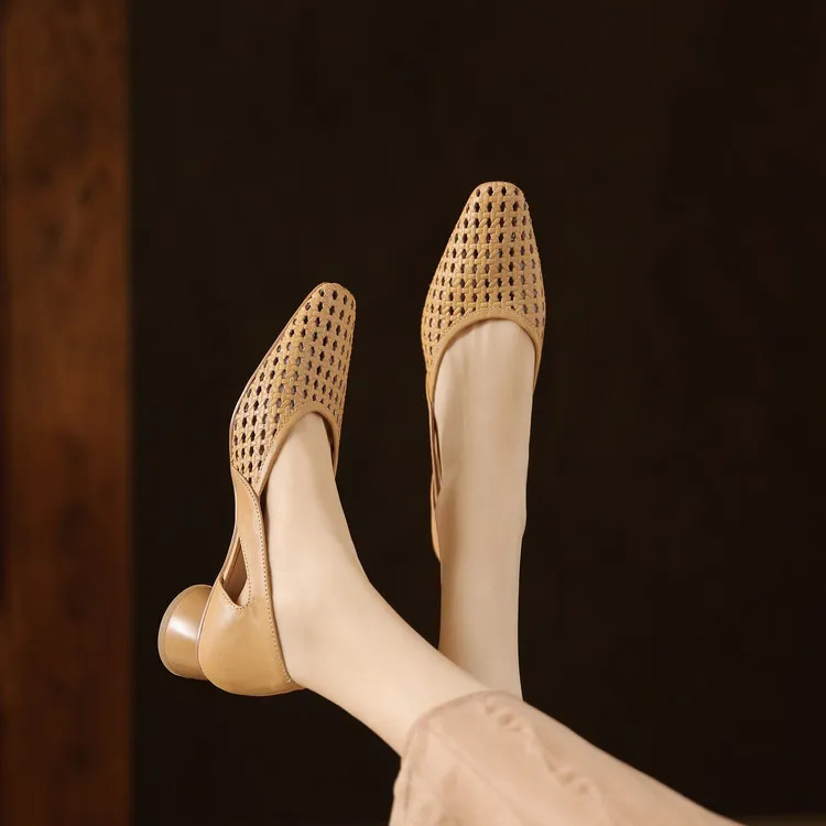Summer single shoes, square toe, chunky heel, high heel, hollow-out fashion women's shoes, 3-19g