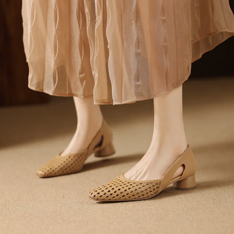 Summer single shoes, square toe, chunky heel, high heel, hollow-out fashion women's shoes, 3-19g