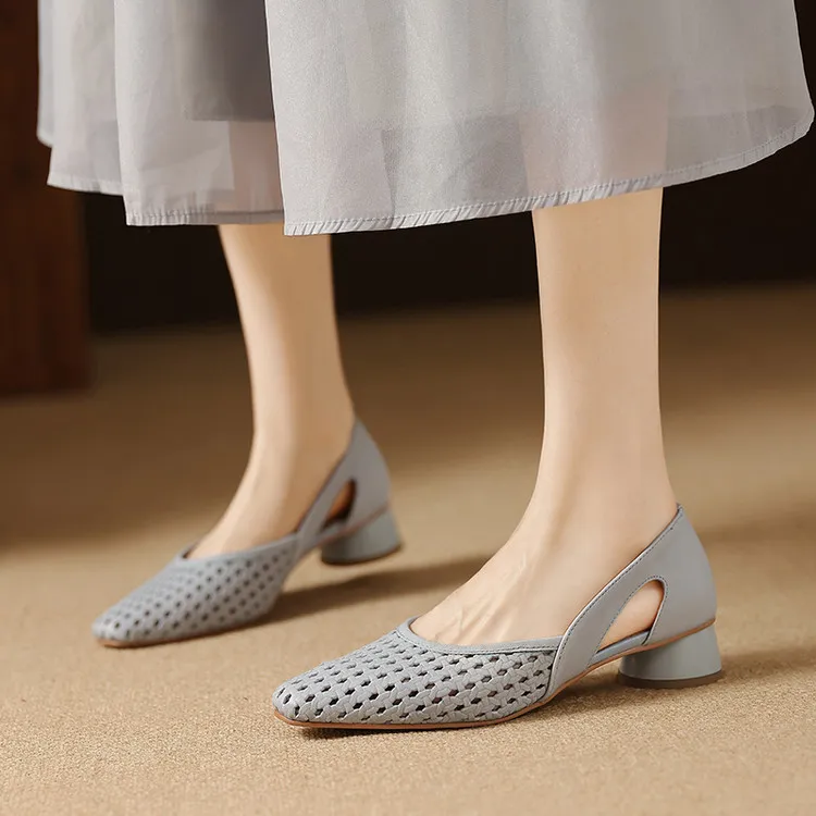 Summer single shoes, square toe, chunky heel, high heel, hollow-out fashion women's shoes, 3-19g