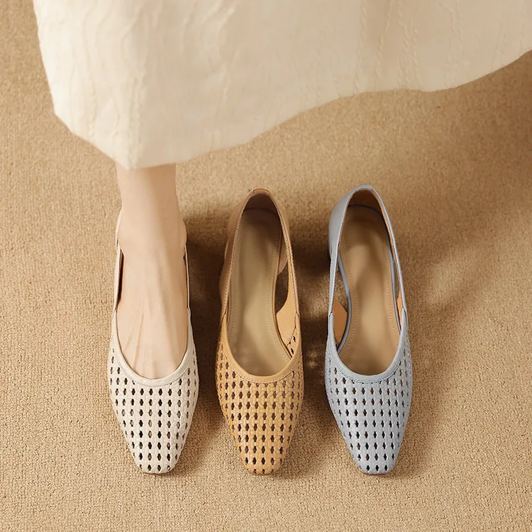 Summer single shoes, square toe, chunky heel, high heel, hollow-out fashion women's shoes, 3-19g