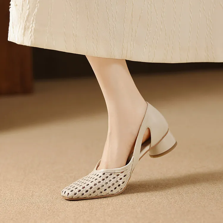 Summer single shoes, square toe, chunky heel, high heel, hollow-out fashion women's shoes, 3-19g