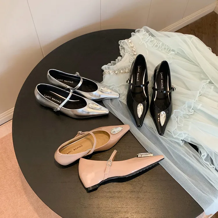 Spring single shoes, pointed toe, hidden wedge heel, elegant rhinestone sheepskin fashion women's shoes 3-19h