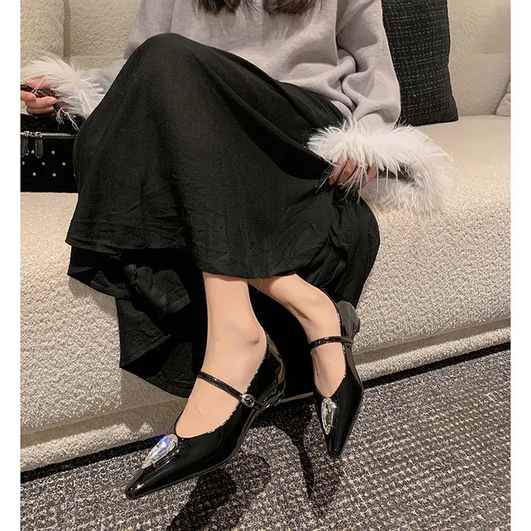 Spring single shoes, pointed toe, hidden wedge heel, elegant rhinestone sheepskin fashion women's shoes 3-19h