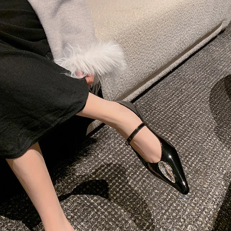 Spring single shoes, pointed toe, hidden wedge heel, elegant rhinestone sheepskin fashion women's shoes 3-19h