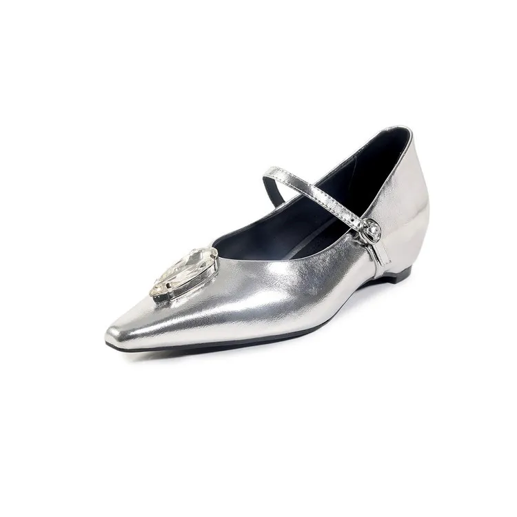 Spring single shoes, pointed toe, hidden wedge heel, elegant rhinestone sheepskin fashion women's shoes 3-19h