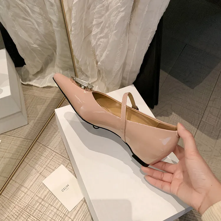 Spring single shoes, pointed toe, hidden wedge heel, elegant rhinestone sheepskin fashion women's shoes 3-19h