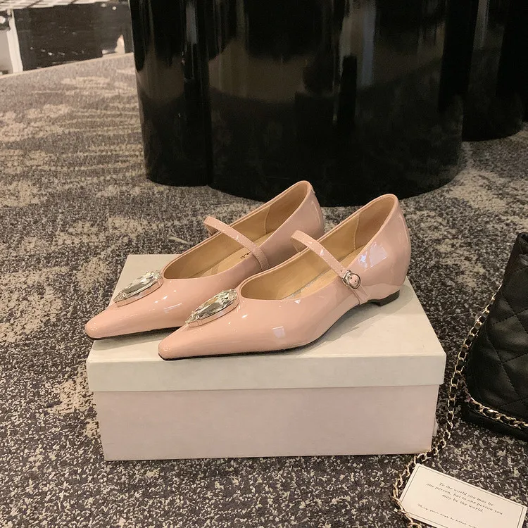 Spring single shoes, pointed toe, hidden wedge heel, elegant rhinestone sheepskin fashion women's shoes 3-19h