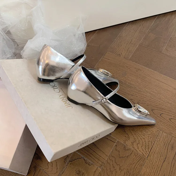 Spring single shoes, pointed toe, hidden wedge heel, elegant rhinestone sheepskin fashion women's shoes 3-19h