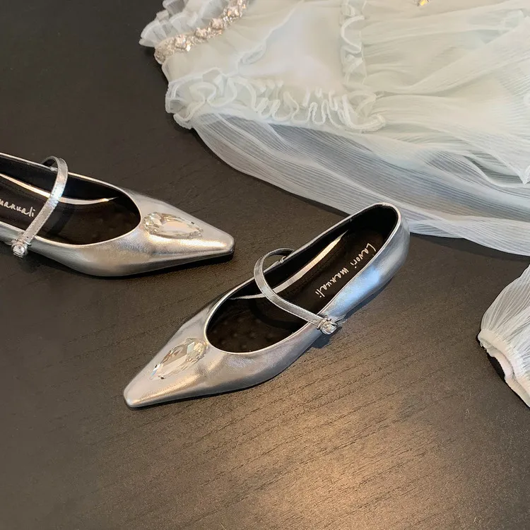 Spring single shoes, pointed toe, hidden wedge heel, elegant rhinestone sheepskin fashion women's shoes 3-19h