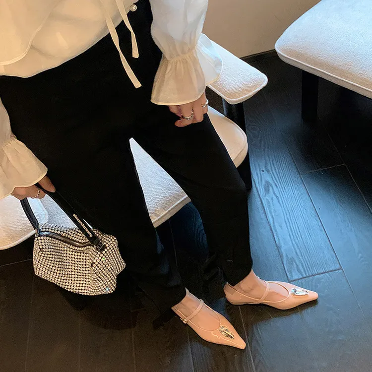 Spring single shoes, pointed toe, hidden wedge heel, elegant rhinestone sheepskin fashion women's shoes 3-19h