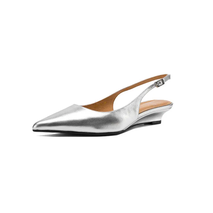 Summer sandals, pointed toe, wedge heel, cowhide, fashion women's shoes, burgundy, silver, beige, 3-22f